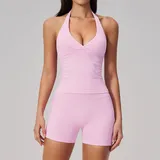 Sakra Pink Tummy Control Women's Yoga Set V Neck Fitted