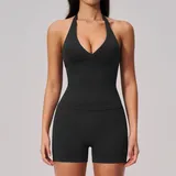 Jet Black Tummy Control Women's Yoga Set V Neck Fitted