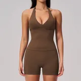 Jujube Brown Tummy Control Women's Yoga Set V Neck Fitted