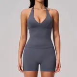 Blue Grey Tummy Control Women's Yoga Set V Neck Fitted