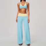 Sky Blue & Yellow Color Block Running Women's Yoga Activewear Set Layered