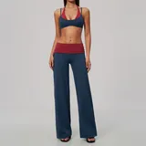 Teal Blue & Red Color Block Running Women's Yoga Activewear Set Layered