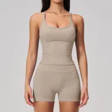 Light Khaki Women's Backless Active Yoga Set High Waist Breathable