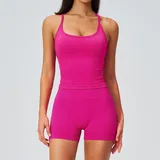 Hot Rose Pink Women's Backless Active Yoga Set High Waist Breathable