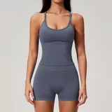 LS3595-4 · Dark Grey Blue Dark Grey Blue Women's Backless Active Yoga Set High Waist Breathable