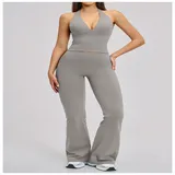 Frost Grey Women's Backless Premium Yoga Activewear Set Flared Brushed