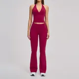 Raspberry Red Women's Backless Premium Yoga Activewear Set Flared Brushed