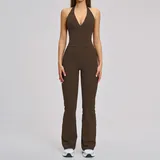 Espresso Black Women's Backless Premium Yoga Activewear Set Flared Brushed
