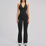 LS4201-4 · Jet Black Jet Black Women's Backless Premium Yoga Activewear Set Flared Brushed