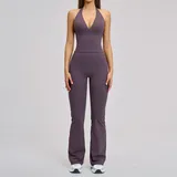 Eggplant Purple Women's Backless Premium Yoga Activewear Set Flared Brushed