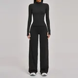Jet Black Women's Yoga Activewear Set Brushed Running Long Sleeve