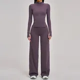 Eggplant Purple Women's Yoga Activewear Set Brushed Running Long Sleeve