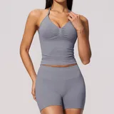 Smoky Blue Women's Seamless Yoga Set Halter Neck Backless Tank