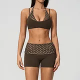 LS4549-1 · Brown White Dot Brown White Dot Women's Layered Yoga Activewear Set Halter Neck Strappy