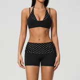 Black White Dot Women's Layered Yoga Activewear Set Halter Neck Strappy
