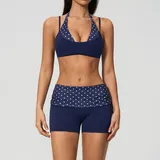 Dark Blue White Dot Women's Layered Yoga Activewear Set Halter Neck Strappy