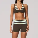 Brown Stripe Women's Layered Yoga Activewear Set Halter Neck Strappy