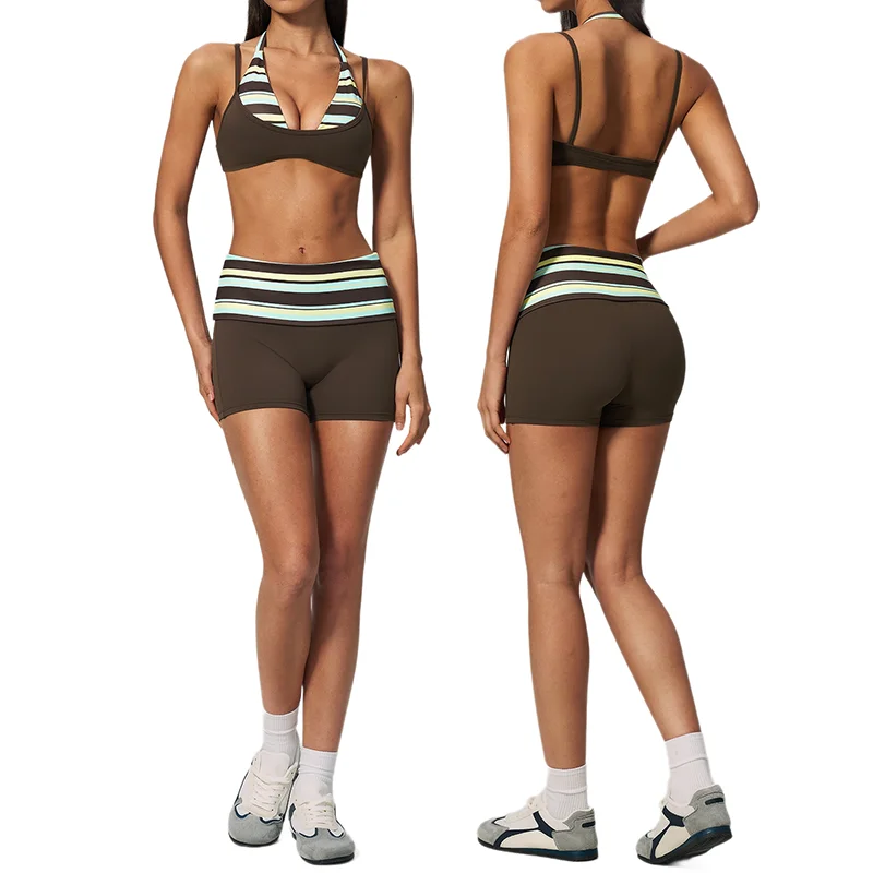 Women's Layered Yoga Activewear Set Halter Neck Strappy
