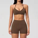 Chocolate Brown Women's Breathable Yoga Yoga Set Halter Neck Fitted