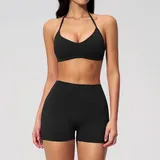 LS5555-2 · Jet Black Jet Black Women's Breathable Yoga Yoga Set Halter Neck Fitted