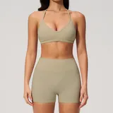 Warm Khaki Women's Breathable Yoga Yoga Set Halter Neck Fitted