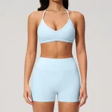 Azure Blue Women's Breathable Yoga Yoga Set Halter Neck Fitted