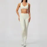 Cream White Women's Yoga Set Brushed High Waist Cross Back