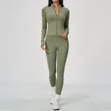 Army Green Women's Long Sleeve Yoga Set Long Sleeve Breathable