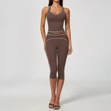 Deep Cocoa Women's Yoga Set Brushed Tummy Control Capri Length