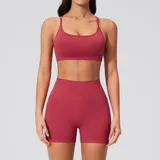 Camellia Red Women's Backless Fitness Yoga Activewear Set Seamless Fitted