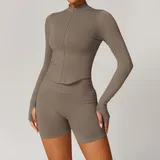Coffee Women's Seamless Yoga Jacket and Shorts Set