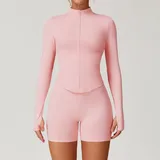 Peach Pink Women's Seamless Yoga Jacket and Shorts Set
