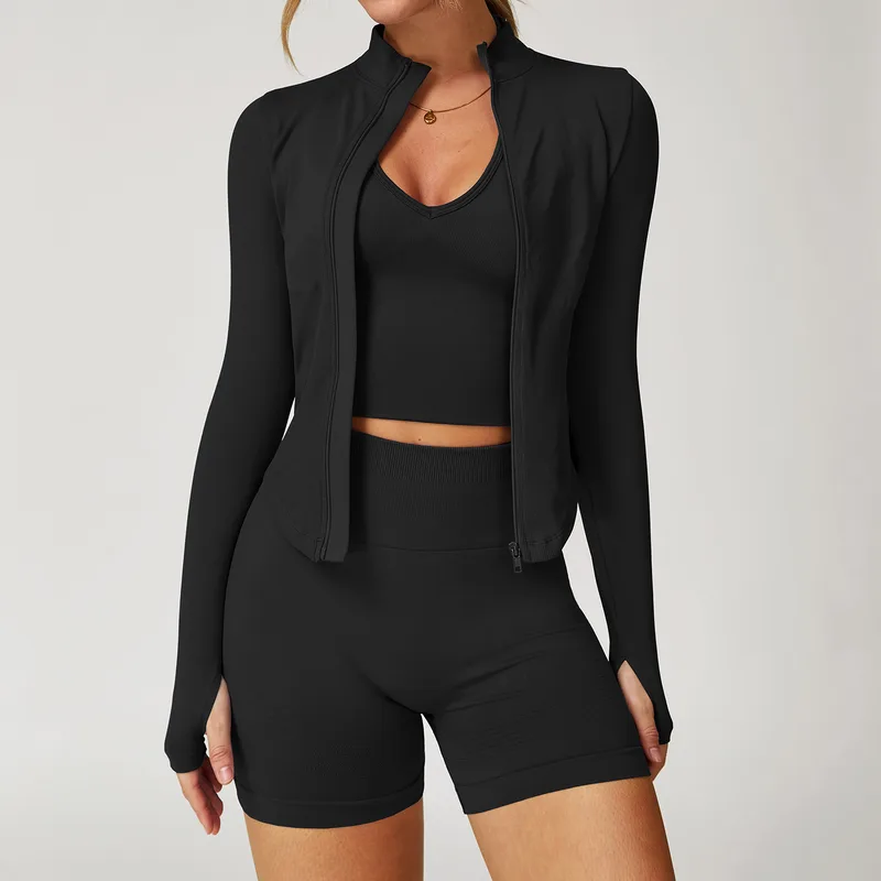 Women's 3 Piece Seamless Yoga Set Bra Shorts Jacket