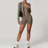 Coffee Women's 3 Piece Seamless Yoga Set Bra Shorts Jacket