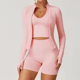 Peach Pink Women's 3 Piece Seamless Yoga Set Bra Shorts Jacket