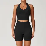 Jet Black Women's Seamless Yoga Bra and Shorts Set
