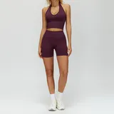 Plum Wine Red Women's Seamless Yoga Bra and Shorts Set