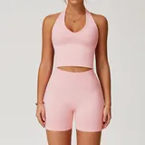 Peach Pink Women's Seamless Yoga Bra and Shorts Set