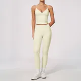 Cream Almond Women's Breathable Yoga Activewear Set V Neck Fitted