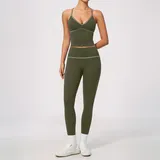 Olive Green Women's Breathable Yoga Activewear Set V Neck Fitted