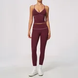 LS9615-4 · Burgundy Burgundy Women's Breathable Yoga Activewear Set V Neck Fitted