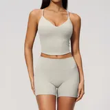 Pearl Grey Women's Backless Slimming Yoga Activewear Set Cross Back