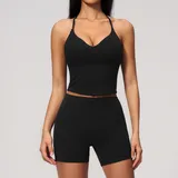 Jet Black Women's Backless Slimming Yoga Activewear Set Cross Back