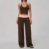 Tan Brown Pink Clash Women's Quick Dry Yoga Set Halter Neck Brushed