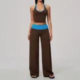 Tan Brown Blue Clash Women's Quick Dry Yoga Set Halter Neck Brushed