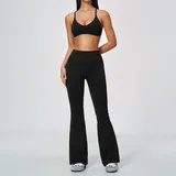 Jet Black Women's Seamless Flared Yoga Set High Waist Breathable