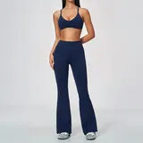 Ink Blue Women's Seamless Flared Yoga Set High Waist Breathable