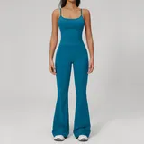 Peacock Blue Women's Stretch Running Yoga Activewear Set Flared Breathable