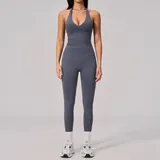Blue Grey Women's Seamless Workout Fitness Yoga Activewear Set Backless
