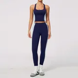 Dark Navy Women's Color Block Yoga Set Bare Feel Fitted